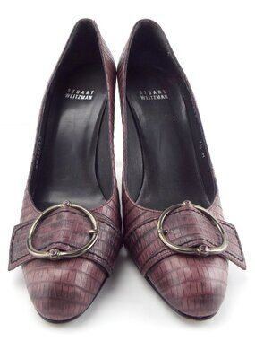 STUART WEITZMAN Buckled Purple Lizard Print Leather Heel Pumps 7.5